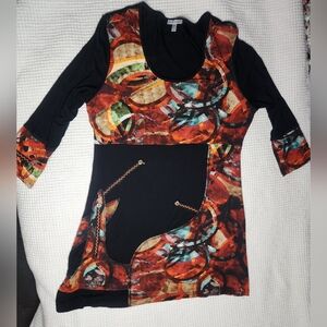 Women's Black & Multicolor Abstract Scoop Neck Top Linea Domani Size M